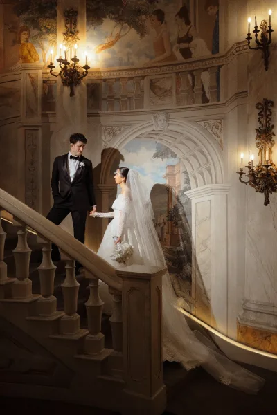 Couple portrait of bride and groom on staircase, holding hands as her long veil drapes the marble steps beneath chandeliers