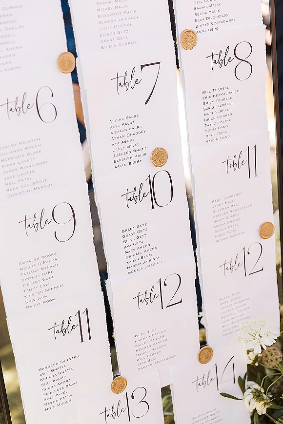 Wedding seating chart with escort card display featuring calligraphy lettering, navy ribbon and wax seals, set against sunlit greenery backdrop
