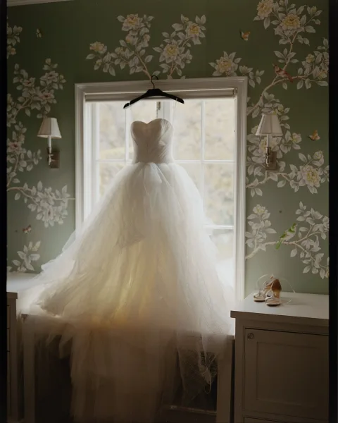 Wedding dress, strapless ball gown with a tulle skirt hanging in a window, softly backlit in a green floral wallpaper bedroom