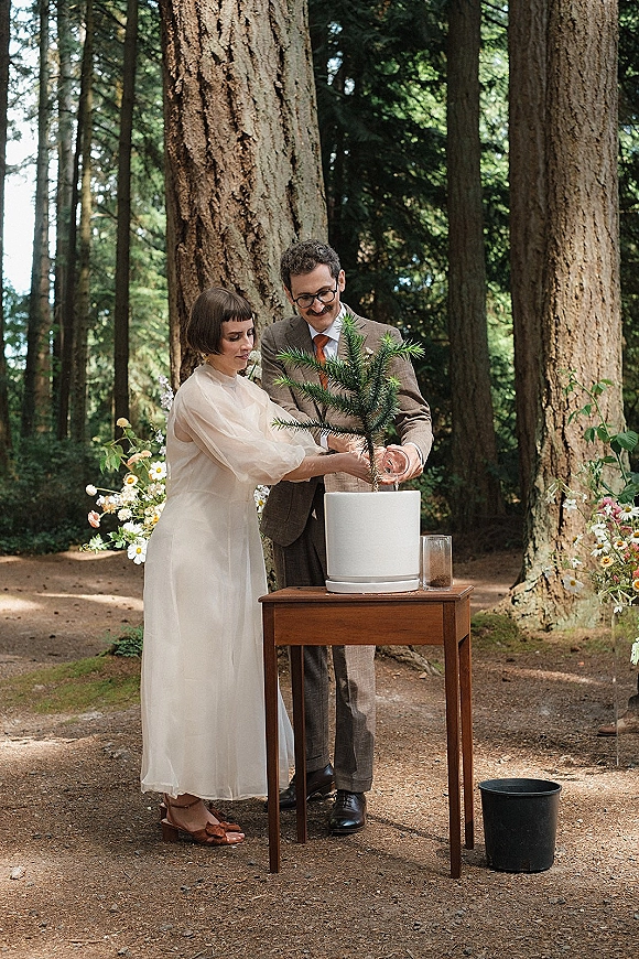 Wedding ceremony ritual with bride in a simple dress and groom in suit watering a potted tree on a table in a forest setting