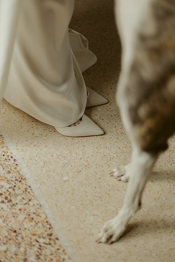 Bridal shoes, white wedding heels peeking beneath the gown hem on a terrazzo floor beside a dog's legs during getting ready