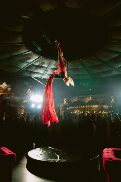 Wedding aerialist performance, an aerial silks wedding show, dazzles black-tie guests under marquee lights in an ornate indoor venue.