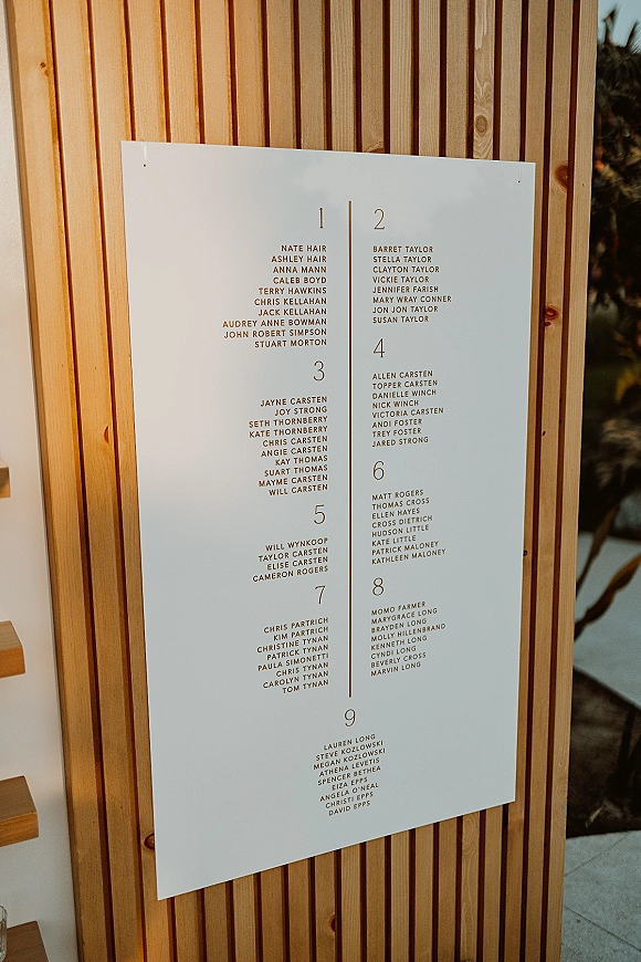 Wedding seating chart with minimalist typography and numbered guest list on a white board mounted to a wooden slat wall with greenery behind