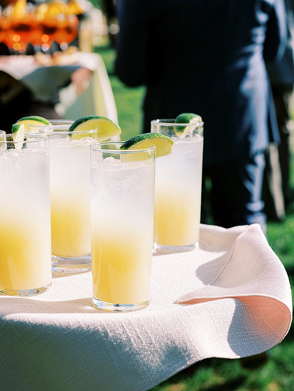 Wedding welcome drinks arranged on a tray, wedding signature cocktail in highball glasses with citrus and lime garnishes at an outdoor lawn reception