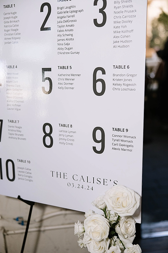 Wedding seating chart sign on an easel with white roses accent, set along an outdoor walkway with softly blurred greenery behind