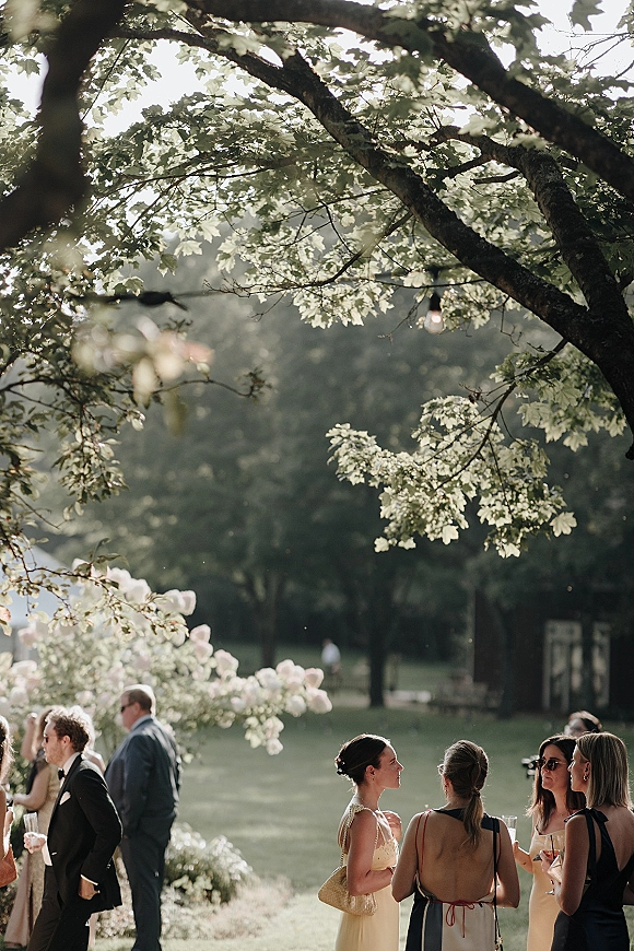 Wedding cocktail hour with outdoor cocktail hour guests mingling under tree canopy, holding champagne flutes beneath string lights on garden lawn