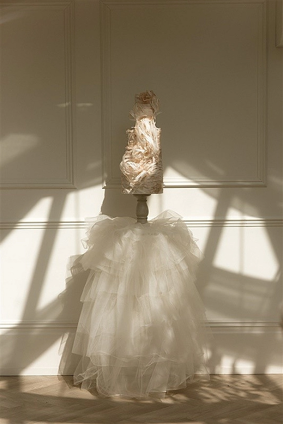 Wedding dress on a dress form with strapless bodice, feather embellishments and tulle skirt against a white paneled wall in window light shadows