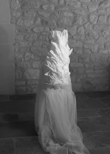 Wedding dress with strapless bodice and sculptural ruffle tulle train displayed indoors against a textured stone wall backdrop
