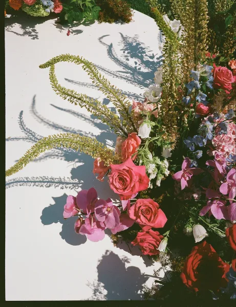 Wedding florals styled as a ground floral arrangement with roses, asymmetrical on a white surface with natural shadows