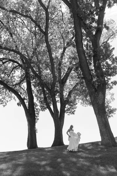 Bridal portrait of a bride walking in a simple bridal gown beneath trees on a grassy hillside, with open sky beyond.