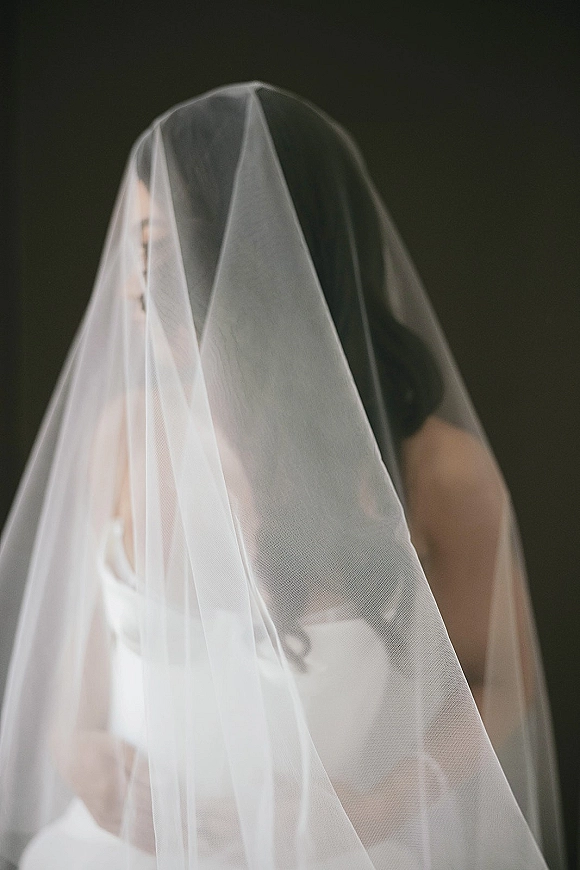 Bridal veil portrait with a sheer wedding veil close up draped over her face, highlighting the strapless wedding dress against a dark backdrop