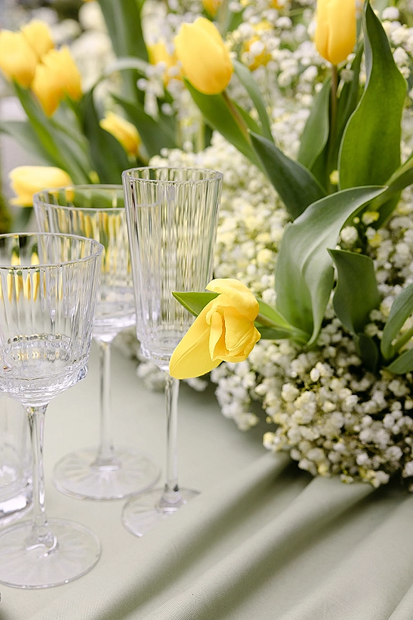 Reception tablescape with yellow tulip centerpieces, baby's breath, and ribbed glassware arranged on a pastel green tablecloth