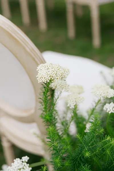 Ceremony aisle flowers arranged as delicate aisle marker flowers on light wood chairs, showcasing organic blooms in a simple, natural style.