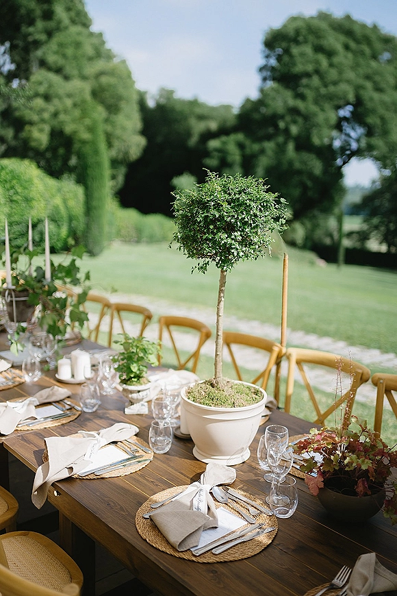 Reception tablescape with an outdoor reception table on a wood dining table, greenery garland, topiary centerpiece, rattan placemats, candles on a lawn