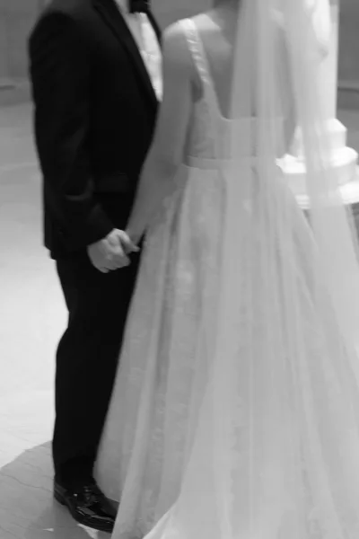 Wedding couple portrait, black and white wedding portrait of bride in lace dress and long veil beside groom in tuxedo and bow tie near white columns