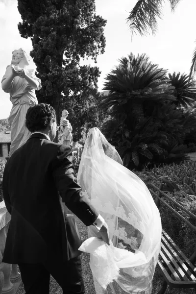 Wedding couple portrait in black and white, bride and groom walking away on a garden walkway, her lace veil blowing behind them