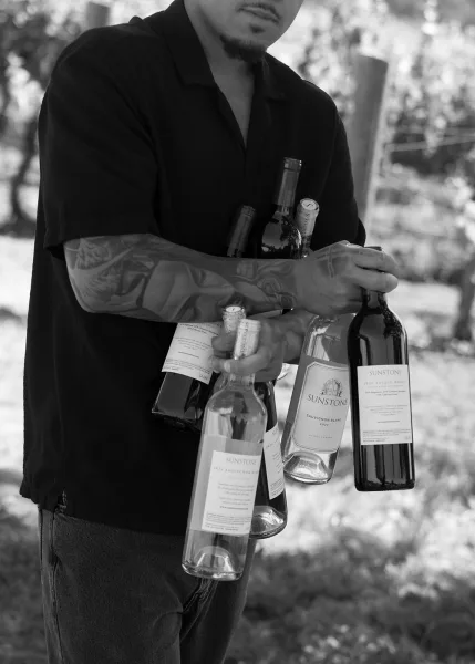 A waiter serves labeled red and white wine bottles among grapevines and wooden posts at a wedding reception