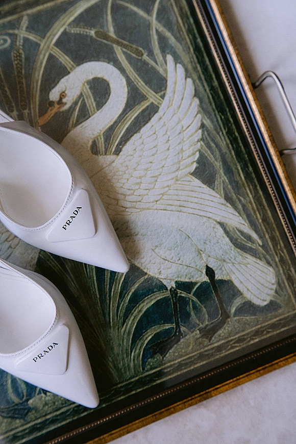 Bridal shoes, white wedding heels with pointed toes and a designer logo, styled beside a gold-framed swan illustration on white fabric