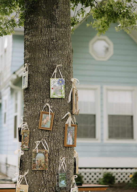 Wedding photo display with framed photos and ribbon hanging from a tree trunk, with leafy branches and a house exterior in the background