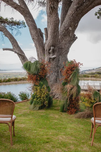 Ceremony backdrop with tree wedding altar, greenery and dried grasses on a trunk, wooden chairs on a lakeside lawn with hills beyond
