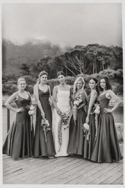 Bridesmaid group photo of bride with bridesmaids in long dresses holding cascading bouquets on a wood deck with trees and hills behind