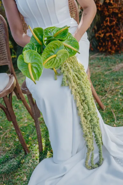 Bridal bouquet with green anthurium bouquet and cascading hanging amaranthus held against a white wedding dress on a garden lawn
