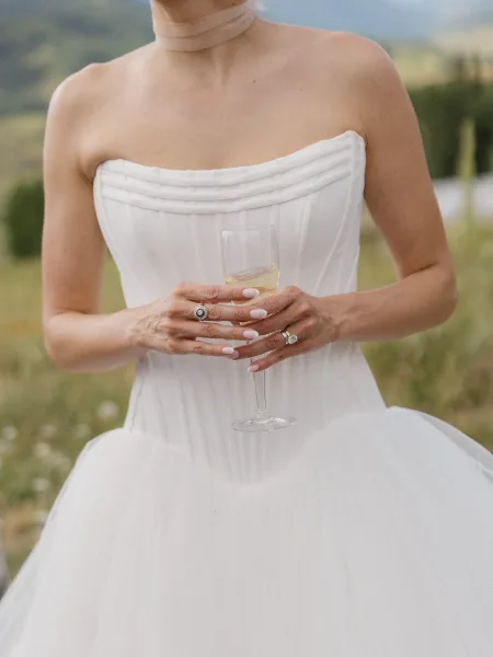 Wedding dress close-up of a strapless bridal gown with a champagne flute in hand, meadow grass and distant mountains soft behind.