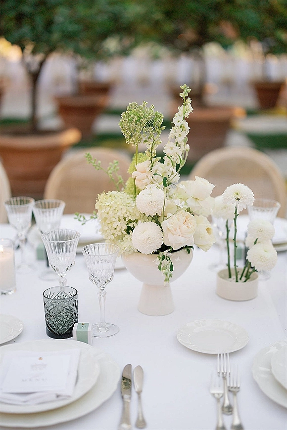 Reception tablescape with a white wedding centerpiece of hydrangea and roses in a pedestal vase, crystal stemware and place cards in a garden setting