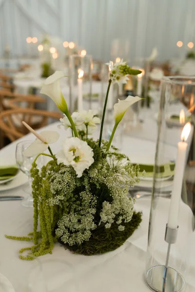 Reception tablescape with a wedding table centerpiece of white calla lilies, moss and greenery, surrounded by glowing glass cylinder candles against draped fabric wall