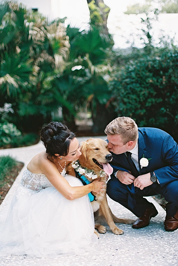 Wedding couple with dog sharing a kiss with their golden retriever in a tropical garden walkway, bride in lace dress and groom in suit