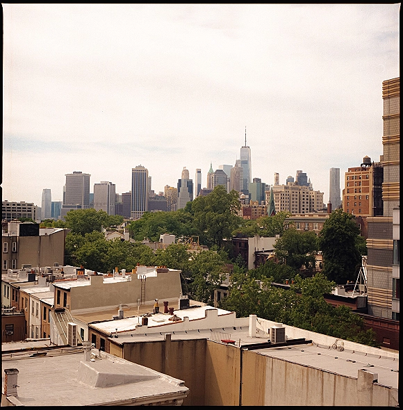 City skyline with downtown skyline view above tree-lined rooftops, high-rise buildings fading into a hazy sky in the distance