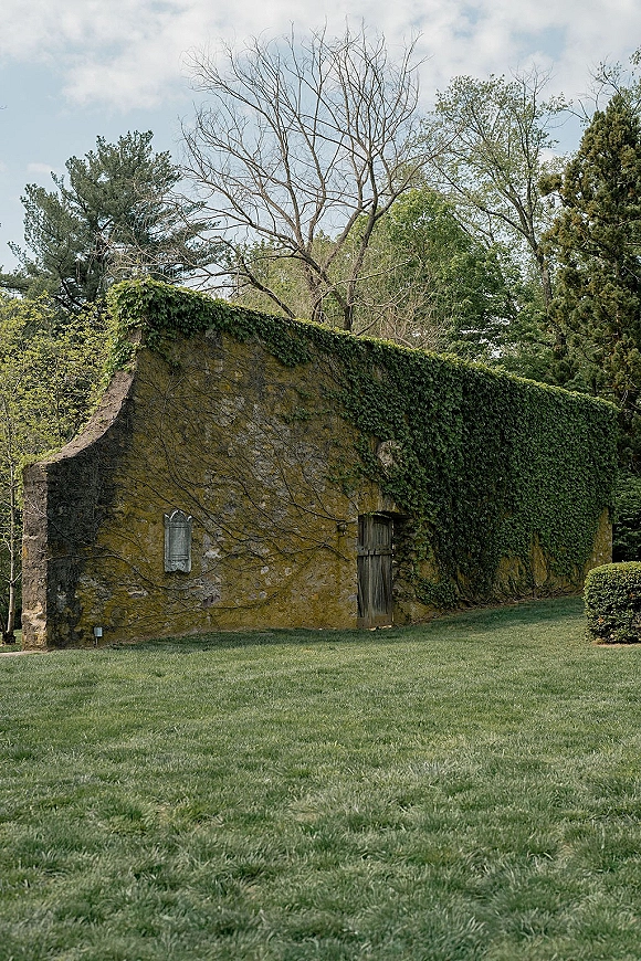 Ivy covered building with ivy vines and a wooden door, set on a grass lawn with trees, shrubs, and a cloudy sky