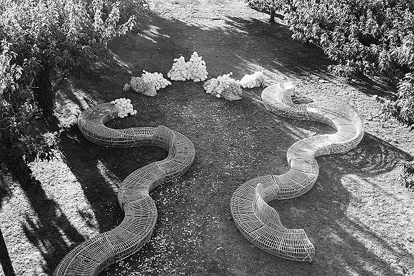 Ceremony aisle design with curved ceremony seating, white florals and scattered petals on a garden lawn under dappled sunlight.