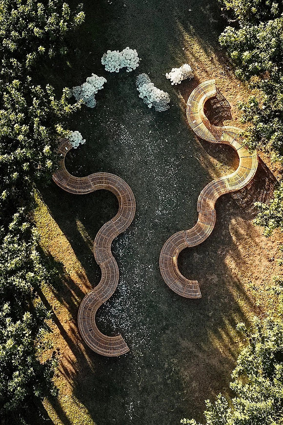 Ceremony seating layout with curved wicker benches forming a serpentine aisle, dotted with white floral clusters beneath orchard trees in sunlight
