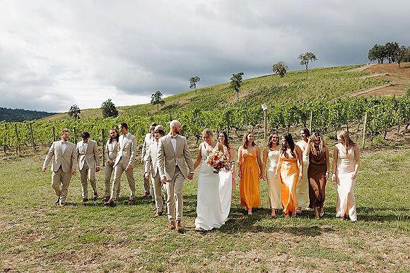 Wedding party portrait of the bride and groom with wedding party walking through vineyard rows, bride holding a colorful bouquet under cloudy sky