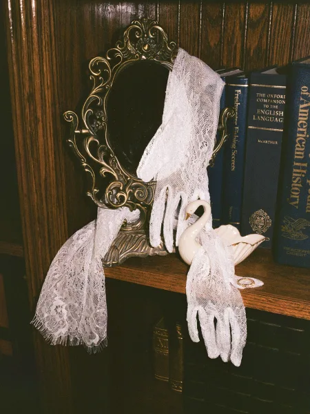 Wedding accessories flatlay with bridal gloves laid beside a lace veil, wedding ring, and gold frame on a bookshelf with books