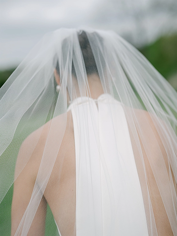 Bridal veil draping over a bride from behind, cathedral length veil fluttering in breeze above strapless dress, pearl earrings, greenery backdrop