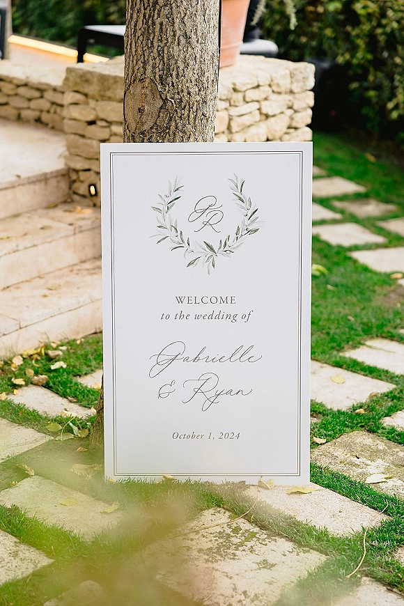 Wedding welcome sign with calligraphy wedding welcome sign lettering and monogram wreath illustration on an easel by stone steps in a garden setting