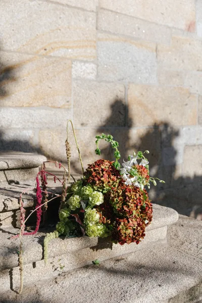 Wedding bouquet with hydrangea bridal bouquet blooms and greenery, featuring trailing amaranthus cascading on shadowed stone steps