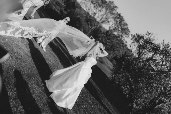 Bridal portrait of a bride in a strapless wedding dress holding her cathedral veil as it blows on a lawn with trees and sky behind her