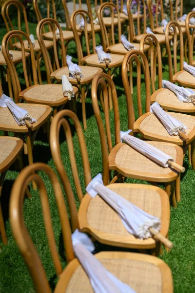 Ceremony seating in bentwood wedding chairs with cane seats arranged in rows on a grass lawn, flanked by blooming garden flowers.