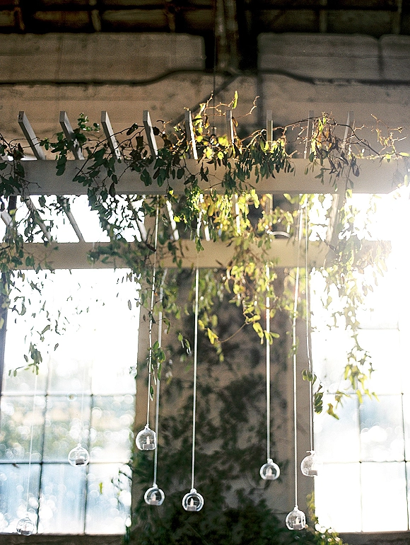 Hanging greenery decor with glass globes draped from white beams, lit by sunlight pouring through large windows indoors