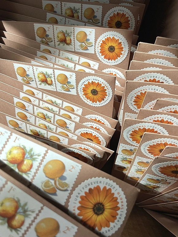 Wedding invitations arranged in a wedding invitation suite with kraft paper envelopes, vintage floral and citrus postage stamps in soft natural light