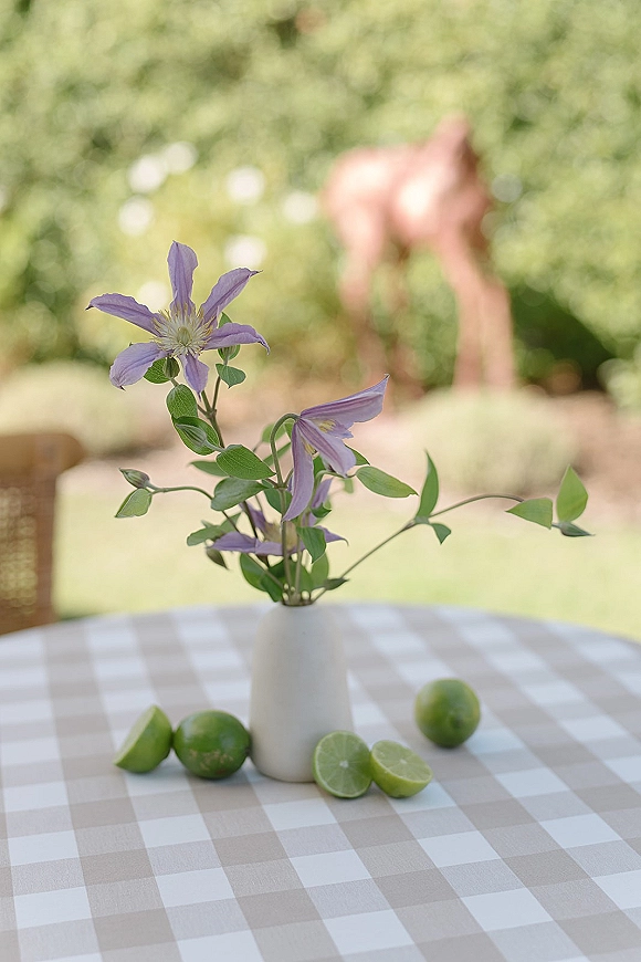 Wedding tablescape with a white ceramic bud vase of purple blooms and greenery on a checkered cloth with limes in a garden setting