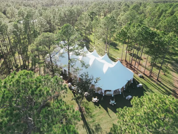 Wedding tent setup with a white sailcloth tent, round tables and chairs on a sunny lawn beside tall pine trees and shadows