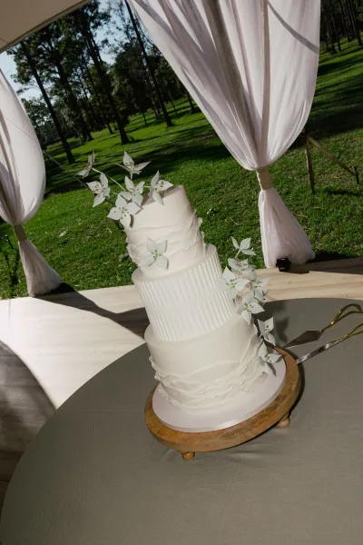 Wedding cake on a wooden stand with wafer paper flowers, set on a table under a tent canopy with sunlit lawn and trees behind