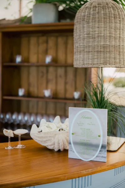 Wedding bar signage with a signature drinks sign on a wooden counter, surrounded by glassware and greenery under a rattan pendant light