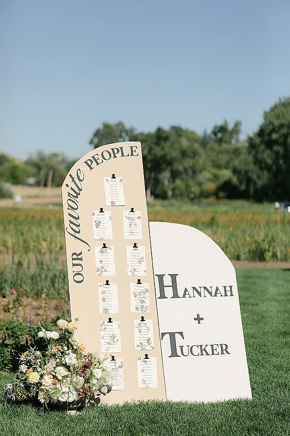 Wedding seating chart with arched seating chart sign and clipped escort cards, framed by ground florals on a lawn beside a wildflower field
