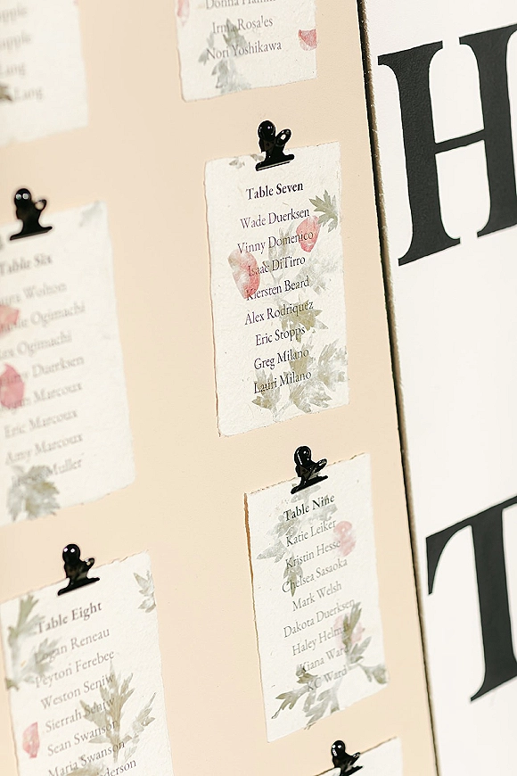 Wedding seating chart with watercolor floral escort card display, deckle edge cards clipped with black binder clips on a blush board