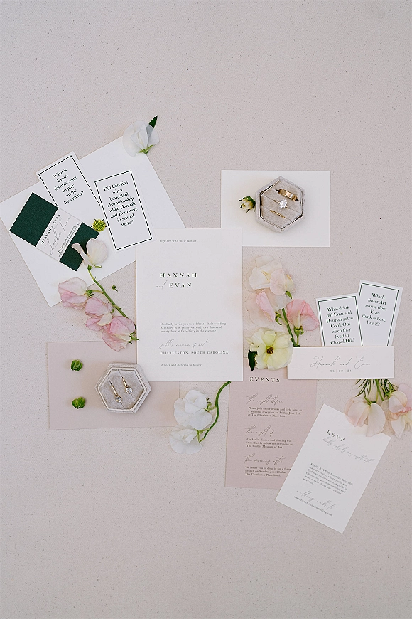 Invitation suite wedding invitation flat lay with envelopes, RSVP and detail cards, rings and earrings, plus flowers on linen backdrop